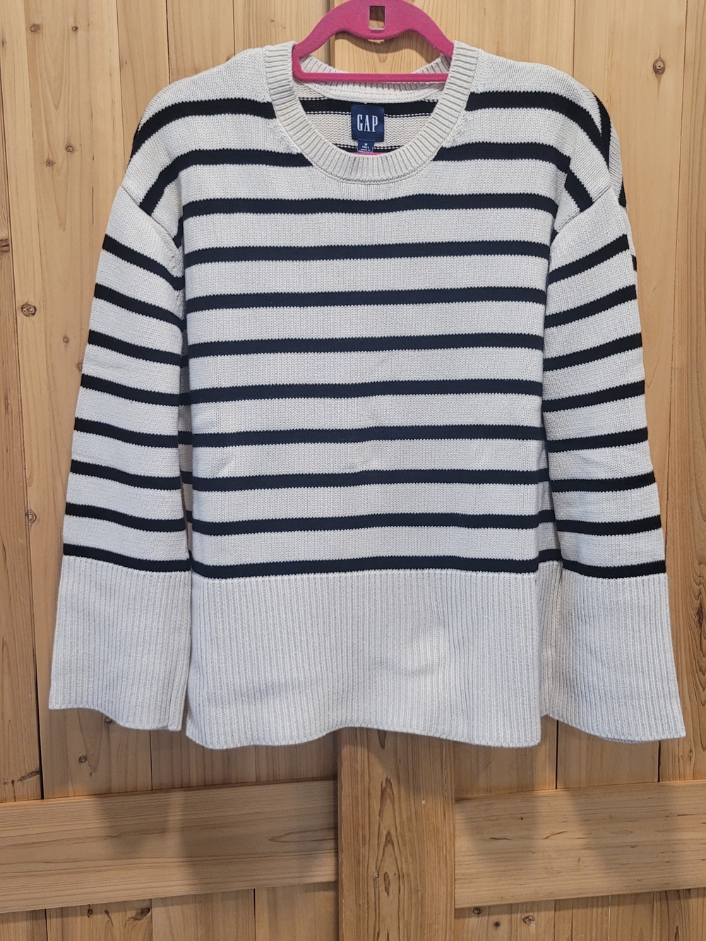GAP Women's White and Black Striped Crewneck Sweater, Split Hem